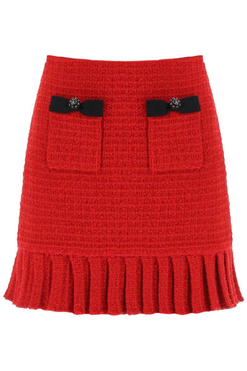 Shop Self-portrait Knitted Mini Skirt With Diamanté Buttons In Rosso