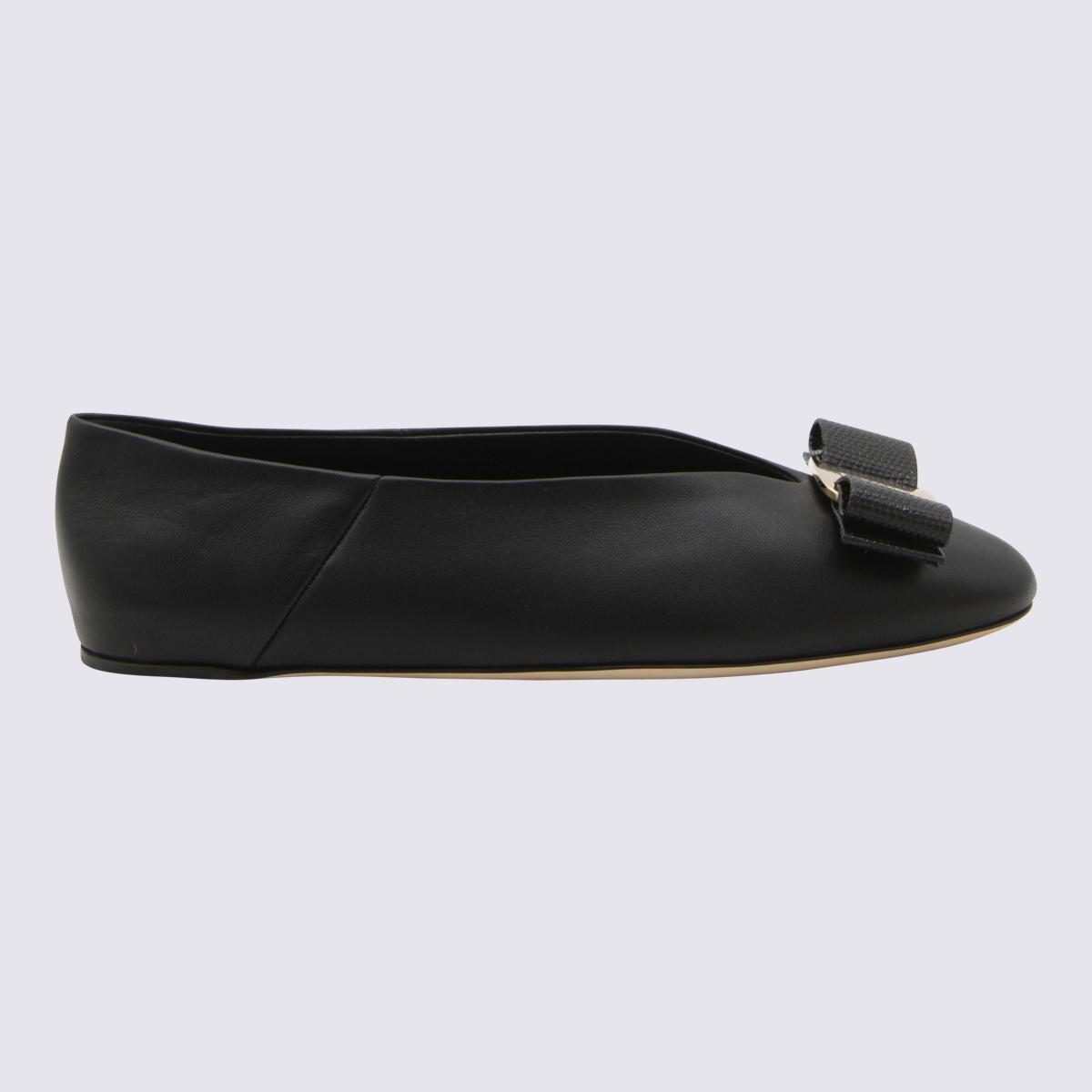 Shop Ferragamo Black Leather Vara Flats