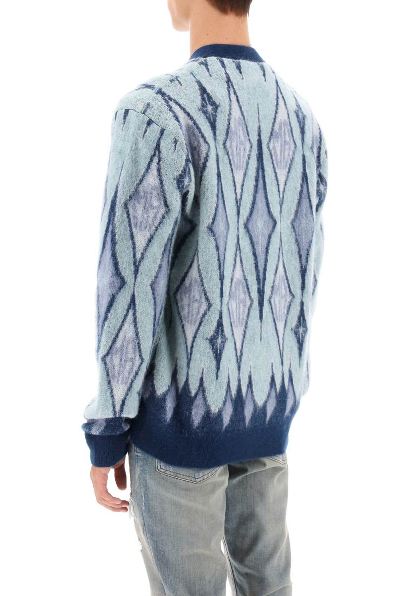 Shop Amiri Argyle Bruhed-yarn Cardigan In Blu