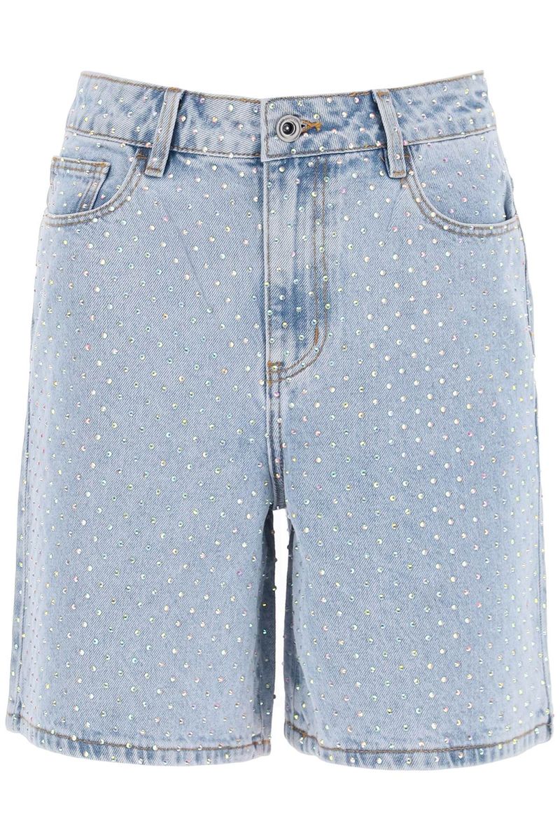 Self-portrait Denim Bermuda Shorts With Rhin In Celeste