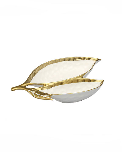 White Porcelain Ring With Gold Leafs 