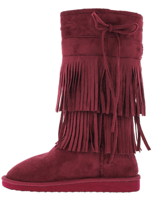 Aling82 Burgundy Fringe Faux Fur Boots 