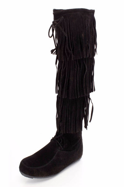 Baylee10 Black Knee High Lace Up Multi Layer Fringe Boot - Wholesale Fashion Shoes