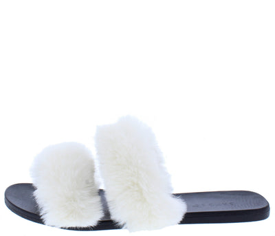 Fullmoon15 White Fur Dual Strap Mule Slide Flat Sandals Only $10.88 - Wholesale Fashion Shoes