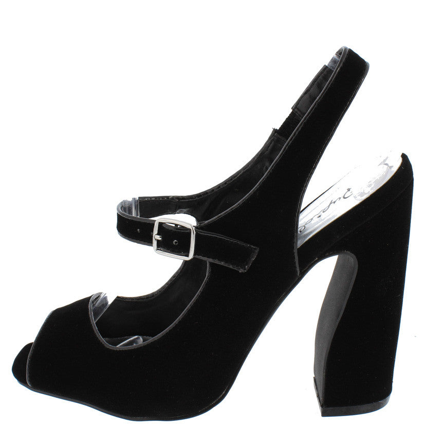 black velvet chunky heels