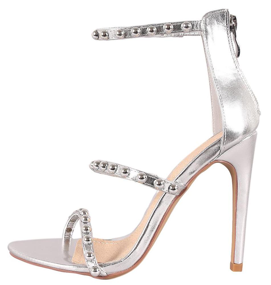 silver three strap heels