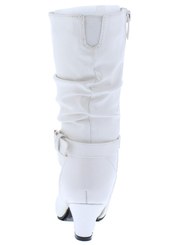 White Side Buckle Knee High Kids Boots 