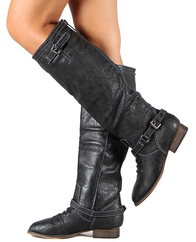 OUTLAW81 BLACK KNEE HIGH BACK ZIPPER BUCKLE BOOTS FROM $1...