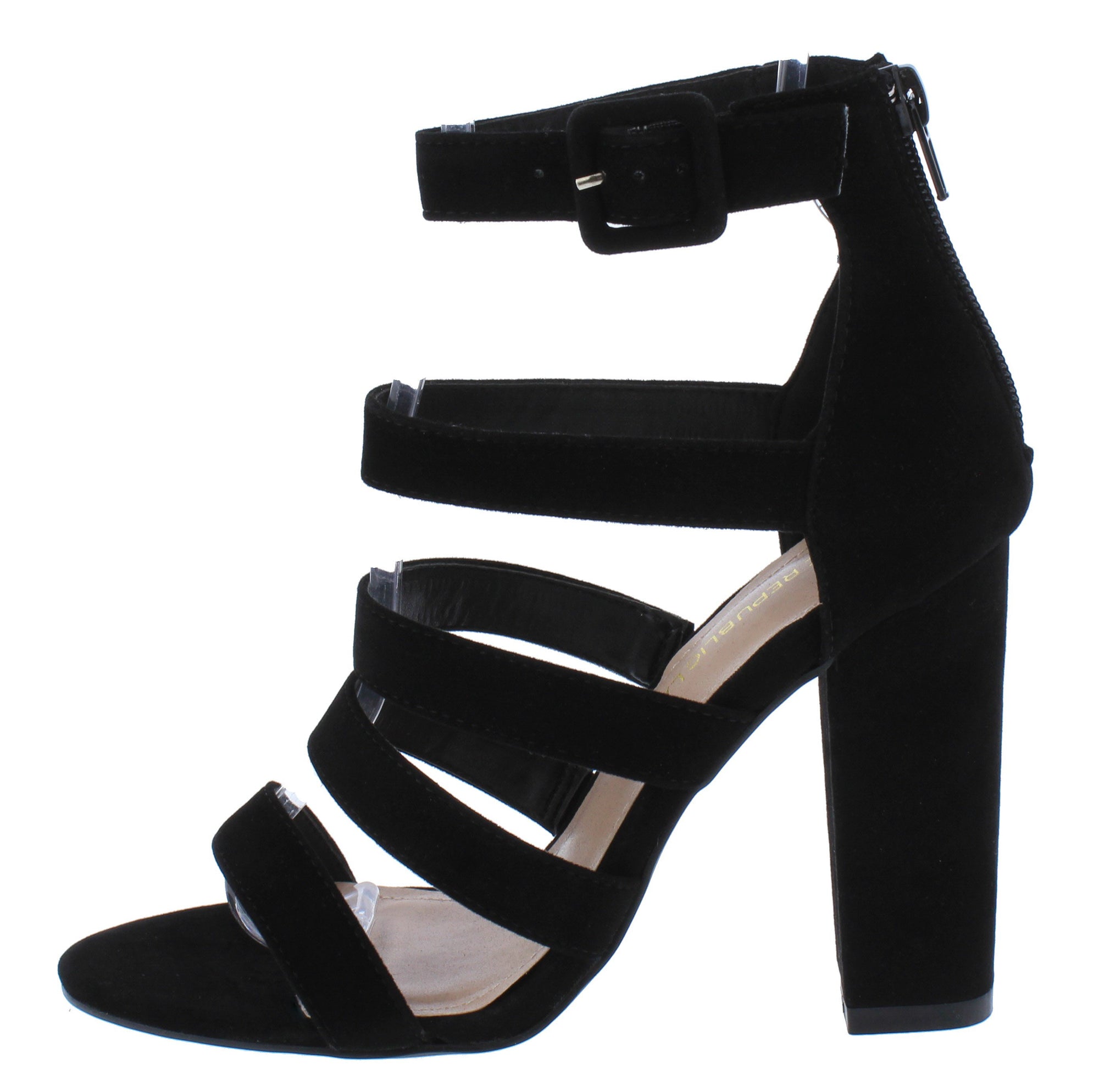 black strappy block heels