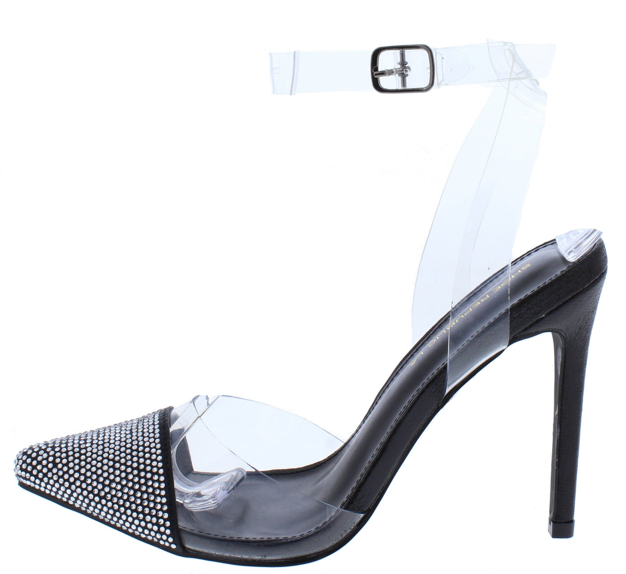 black rhinestone heels ankle strap