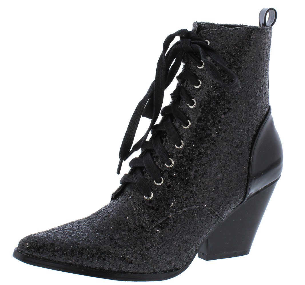 Kelsey18 Black Glitter Pointed Toe Lace Up Ankle Boots $12.88-$29.88 ...