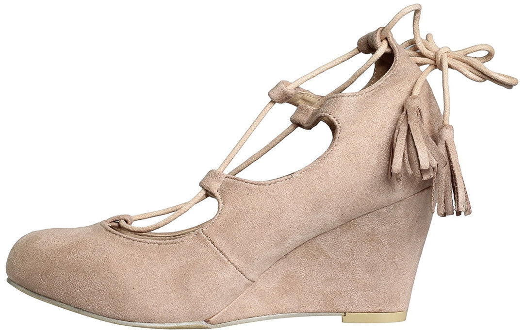 nude lace wedges