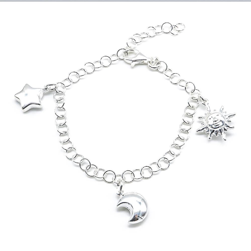 Candice Star,  Sun,  and Moon Charms Silver Bracelet with Rolo Chain
