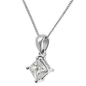 18ct White Gold 1 Carat J/I Certified Princess Cut Diamond Solitare Pendant + Chain