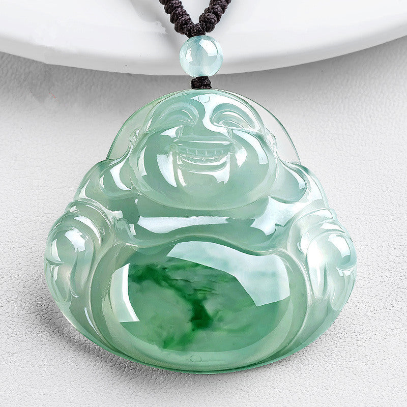Natural Ice Green Jade Laughing Buddha Lucky Pendant Necklace