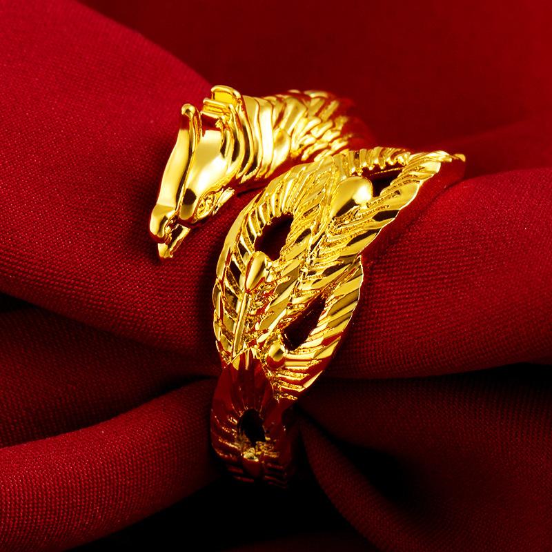 Auspicious Dragon & Phoenix Jade Gold Ring | FengshuiGallary