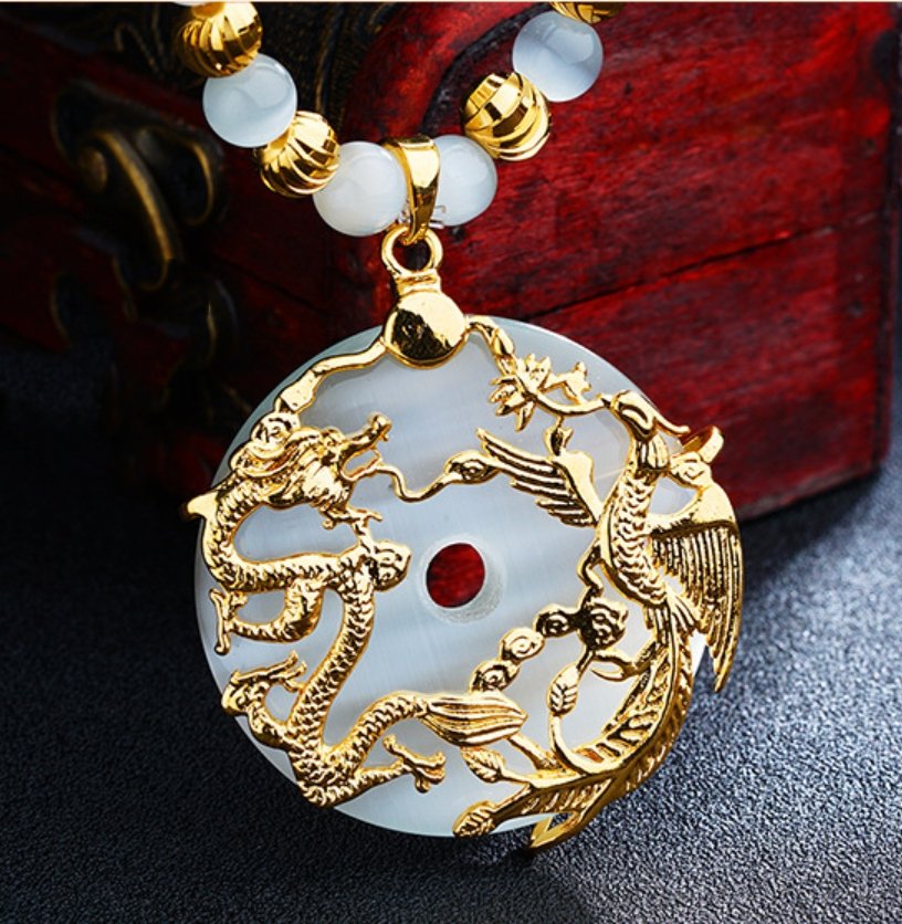 Auspicious Gold Dragon & Phoenix Cat`s Eye Pendant Necklace ...