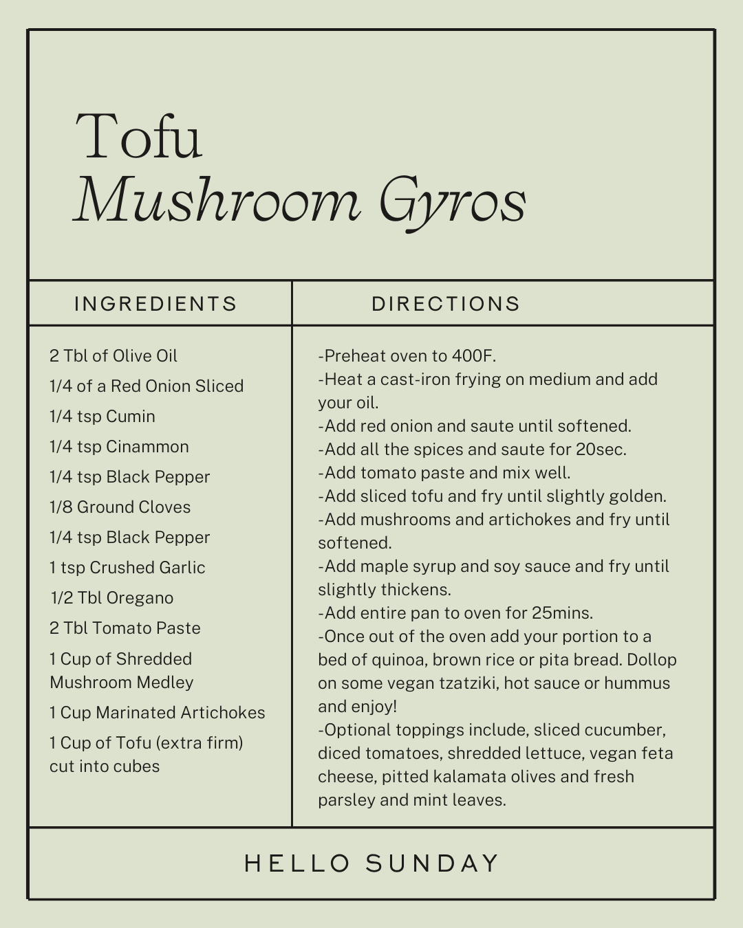 Tofu mushroom gyros recipe card