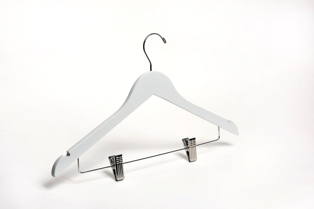 12 White Wooden Children's Hanger with Chrome Pant Clips