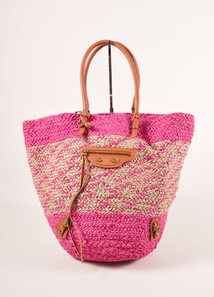 New With Tags Pink and Beige Woven Raffia Leather Trim Tote Bag ...