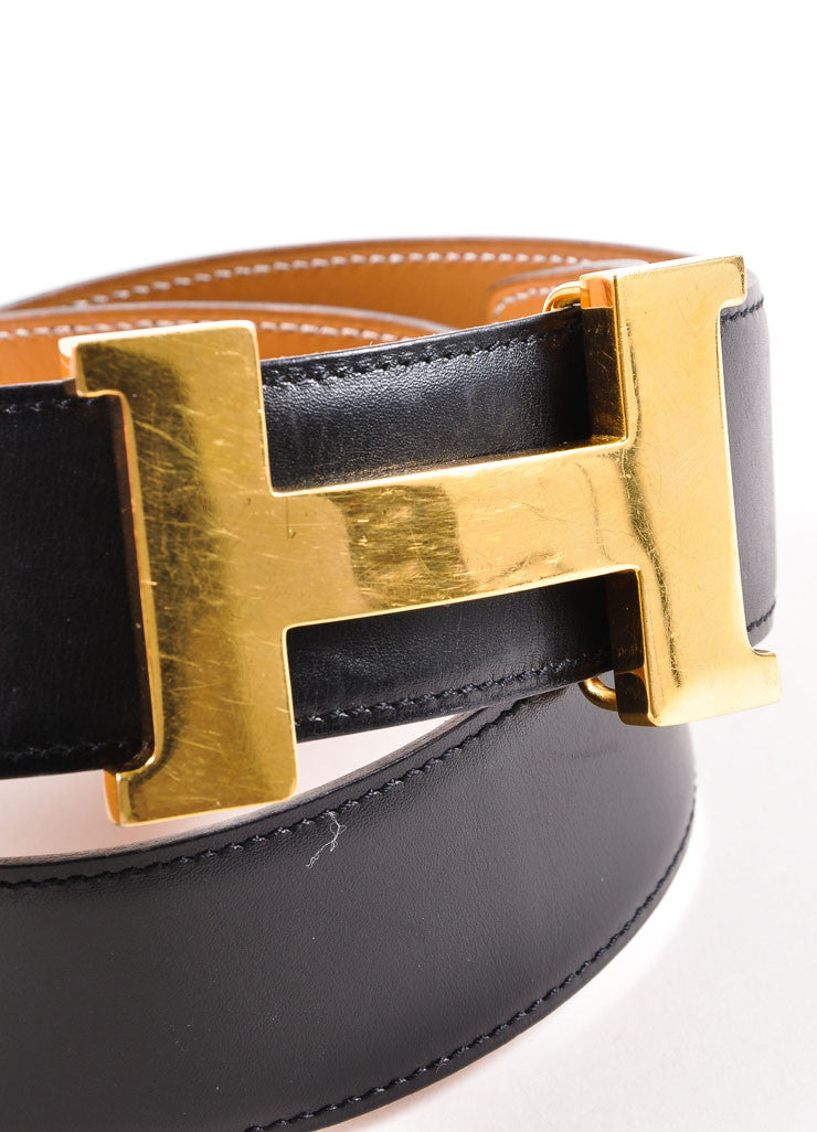 Black Gold Tone &#39;H&#39; Buckle Leather Belt – Luxury Garage Sale