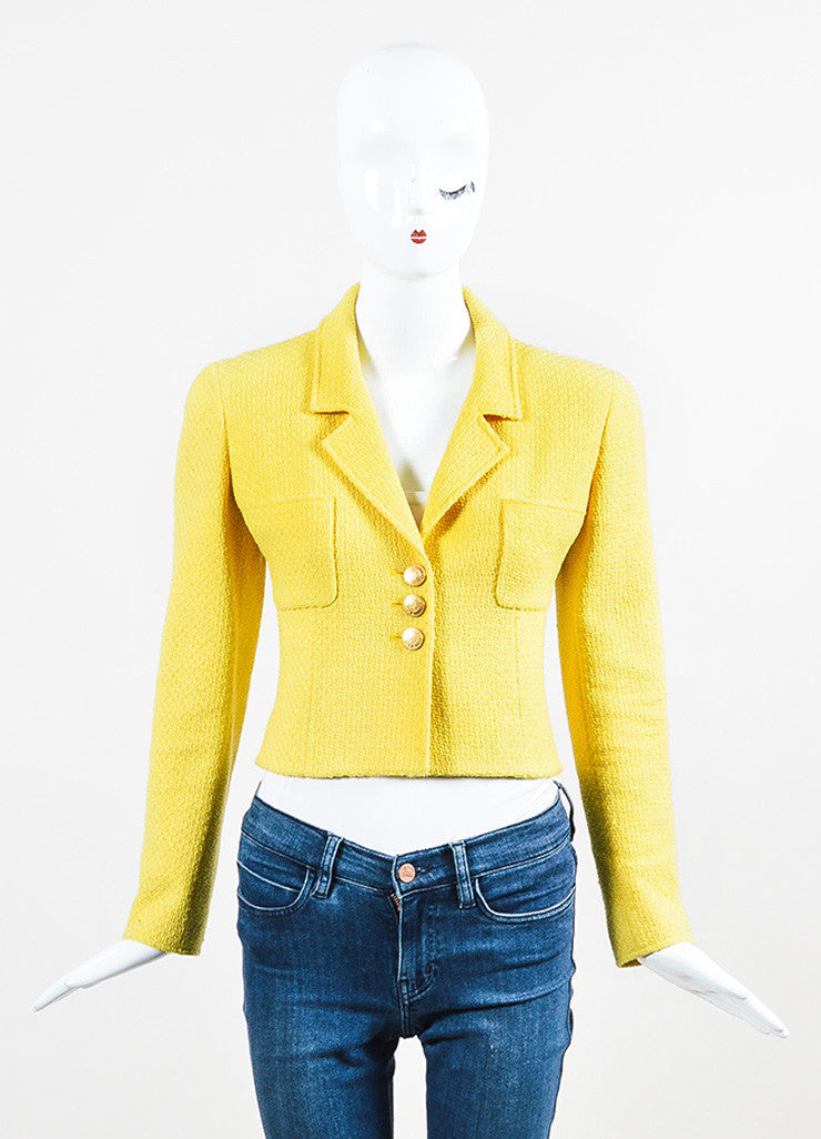 Chanel Yellow Tweed 'CC' Button Cropped Structured Jacket – Luxury ...