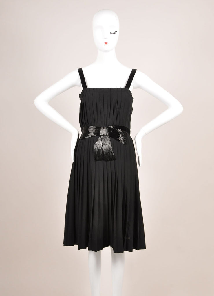Lanvin | Black Beaded Bow Detail Wool Blend Sleeveless Pleated Dress ...