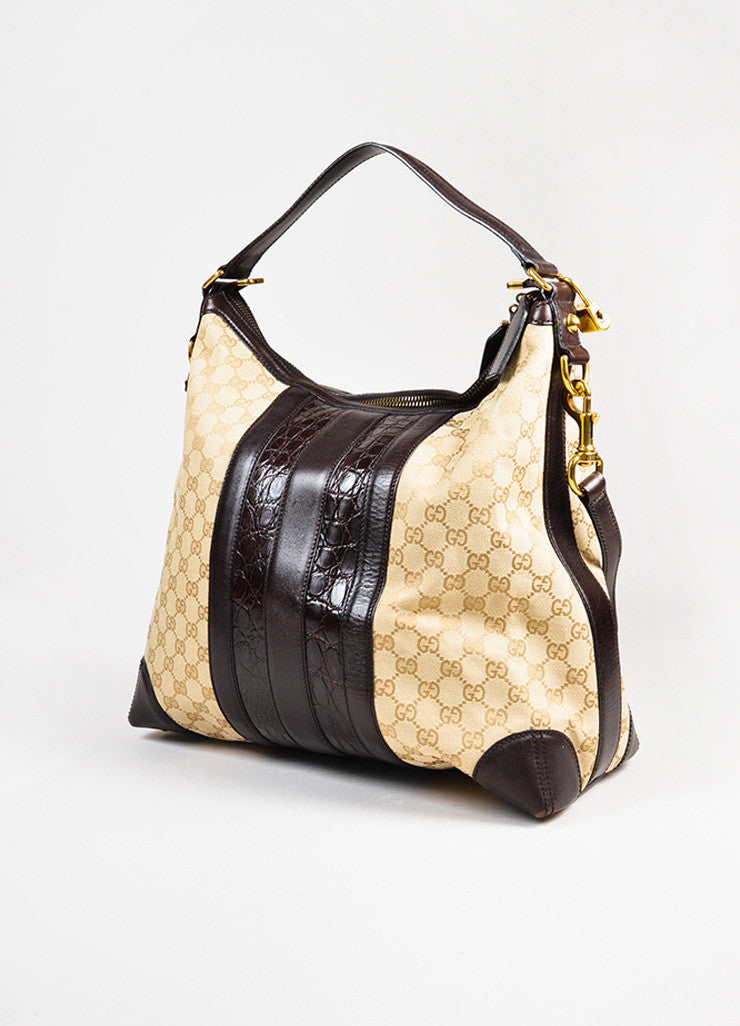 Gucci Tan GG Canvas Brown Crocodile Leather &quot;Secret Medium Hobo&quot; Bag – Luxury Garage Sale