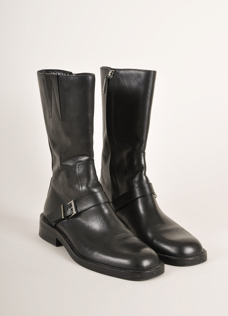 Black Leather Buckle Square Toe Moto Boots – Luxury Garage Sale
