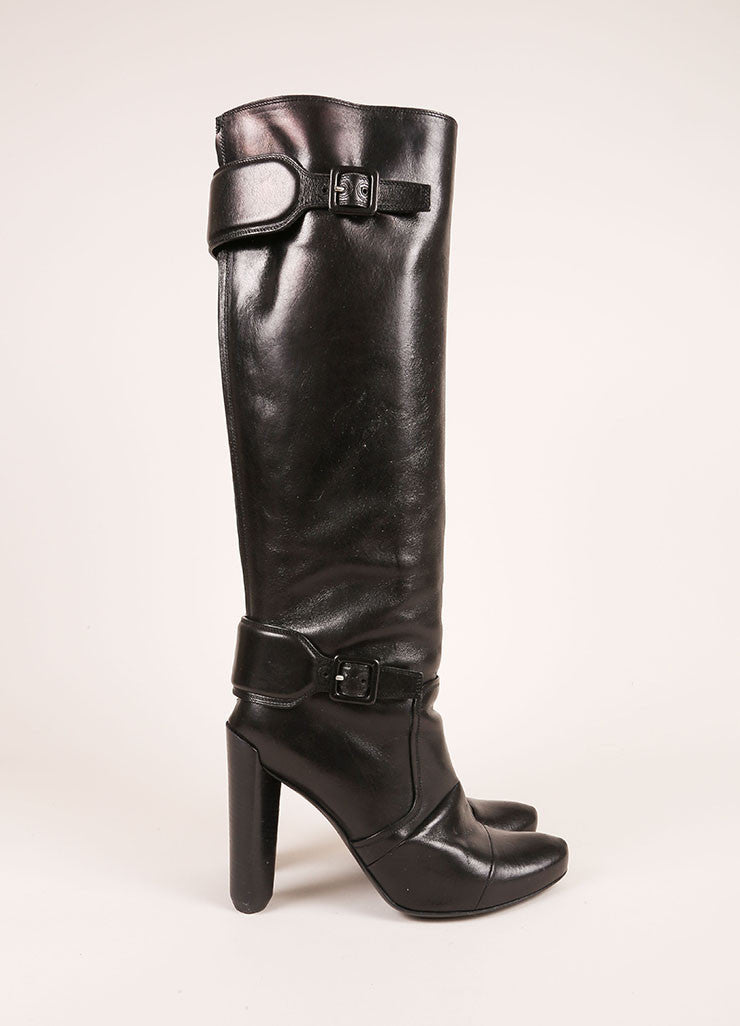 Black Leather Buckle Knee High Pointed Toe Boots – Luxury Garage Sale