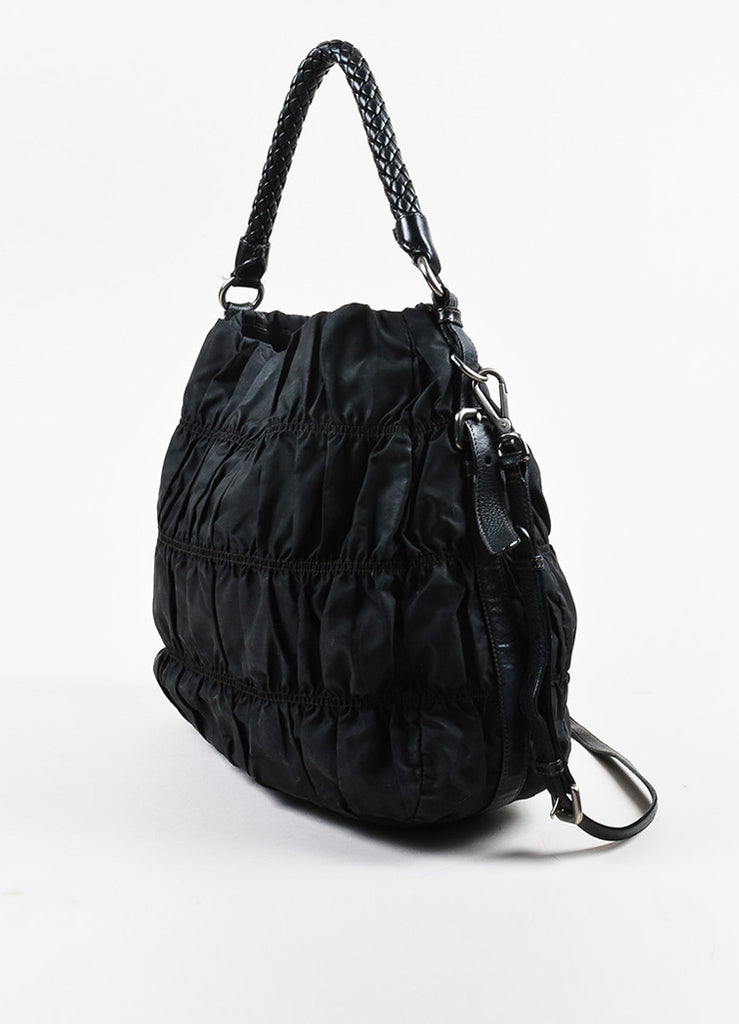 Prada | Prada Black Nylon Gaufre Leather Ruched Braided Handle Hobo Bag ...