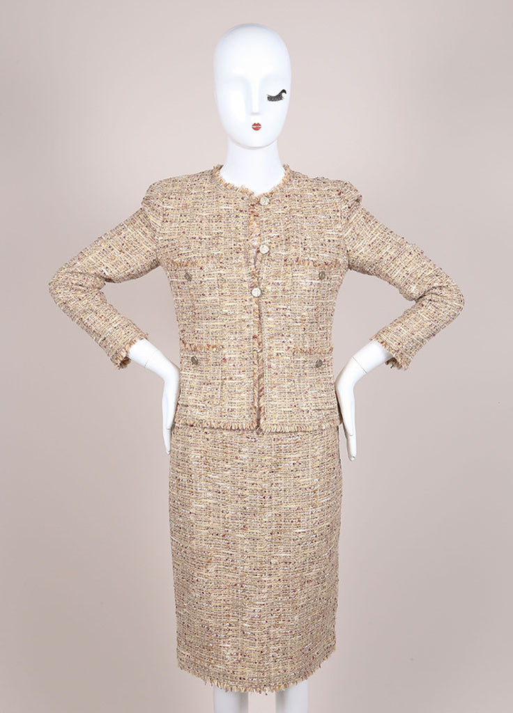 Chanel | Tan and Multicolor Boucle Tweed Fringe Trim Skirt Suit ...