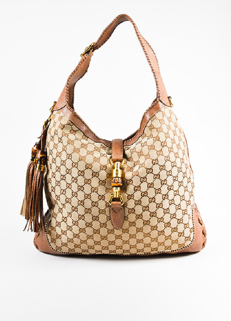 Gucci Tan Monogram Canvas Leather &quot;Large New Jackie&quot; Tassel Hobo Bag – Luxury Garage Sale