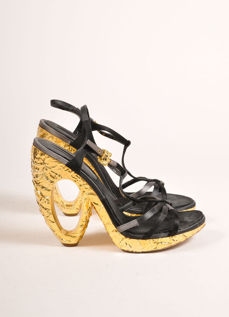 Black Louis Vuitton Satin and Gold Toned Foiled Strappy Cut Out Sandal – Luxury Garage Sale