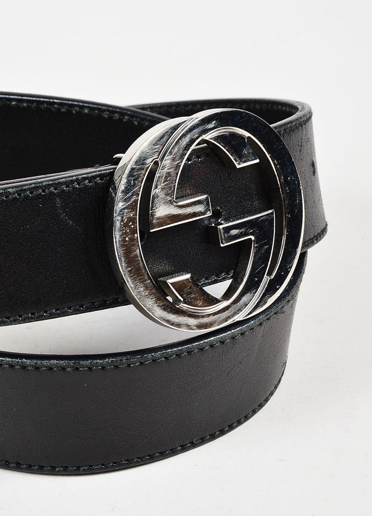 Gucci | Gucci Black Silver Tone Leather Large Monogram Buckle Belt ...