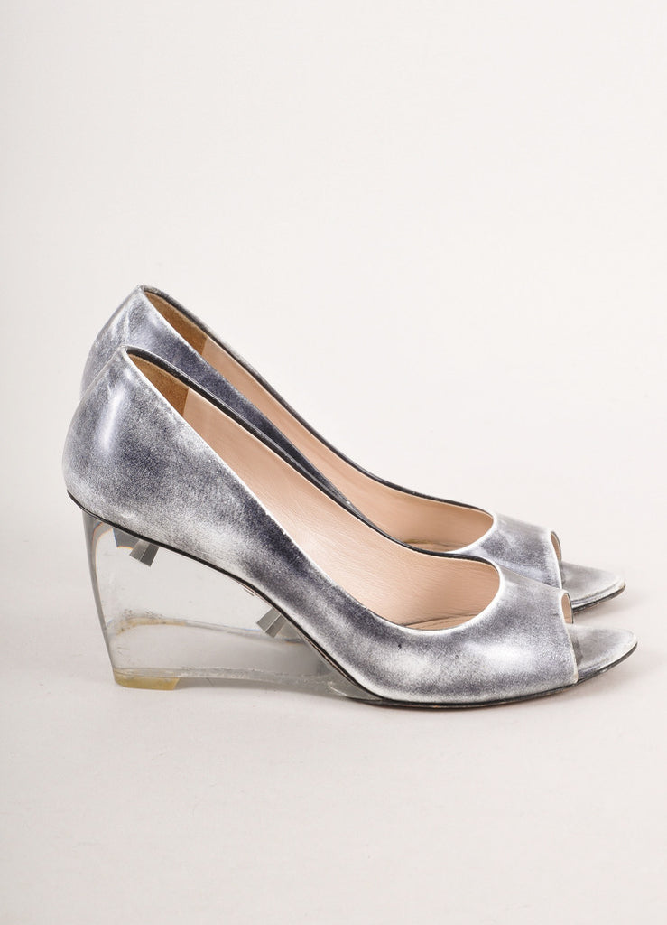 Prada | Grey and White Distressed Leather Peep Toe Lucite Wedges ...