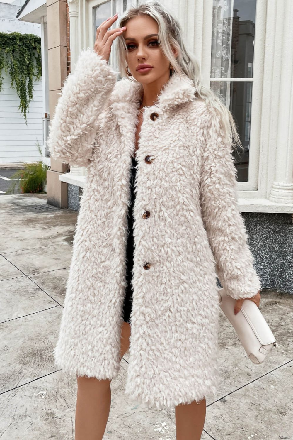 Button Front Collared Teddy Coat