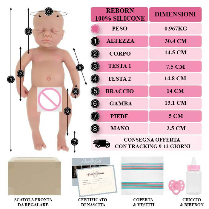 dimensioni delle bambola reborn prematura in silicone morbido e con con occhi chiusi