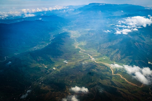 Aerial view of the coffee triangle and Antioquia in the valley between the Andean peaks