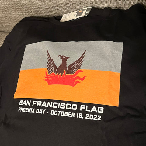 T-shirt with San Francisco Fog & Gold Flag design + Phoenix Day 2022 date