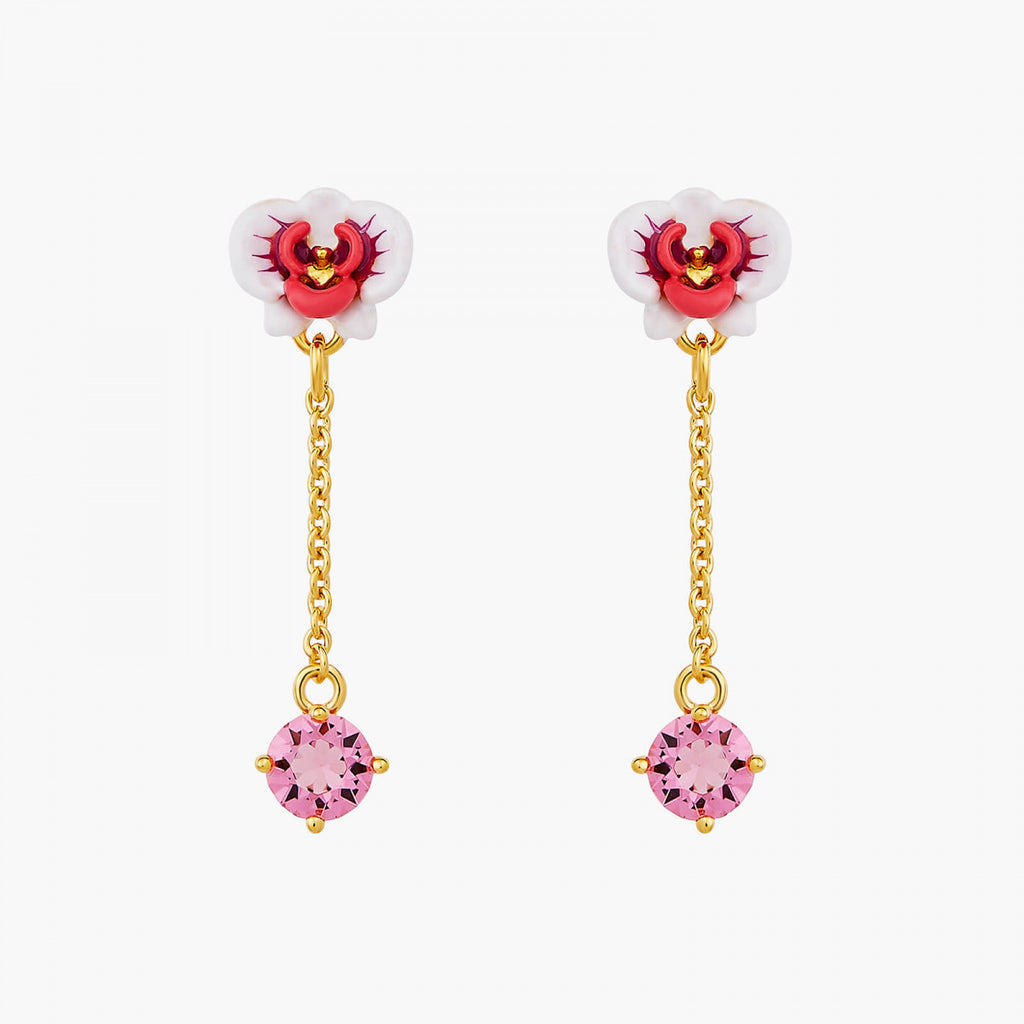 Orchid, butterfly and faceted pink stone dangling earrings
