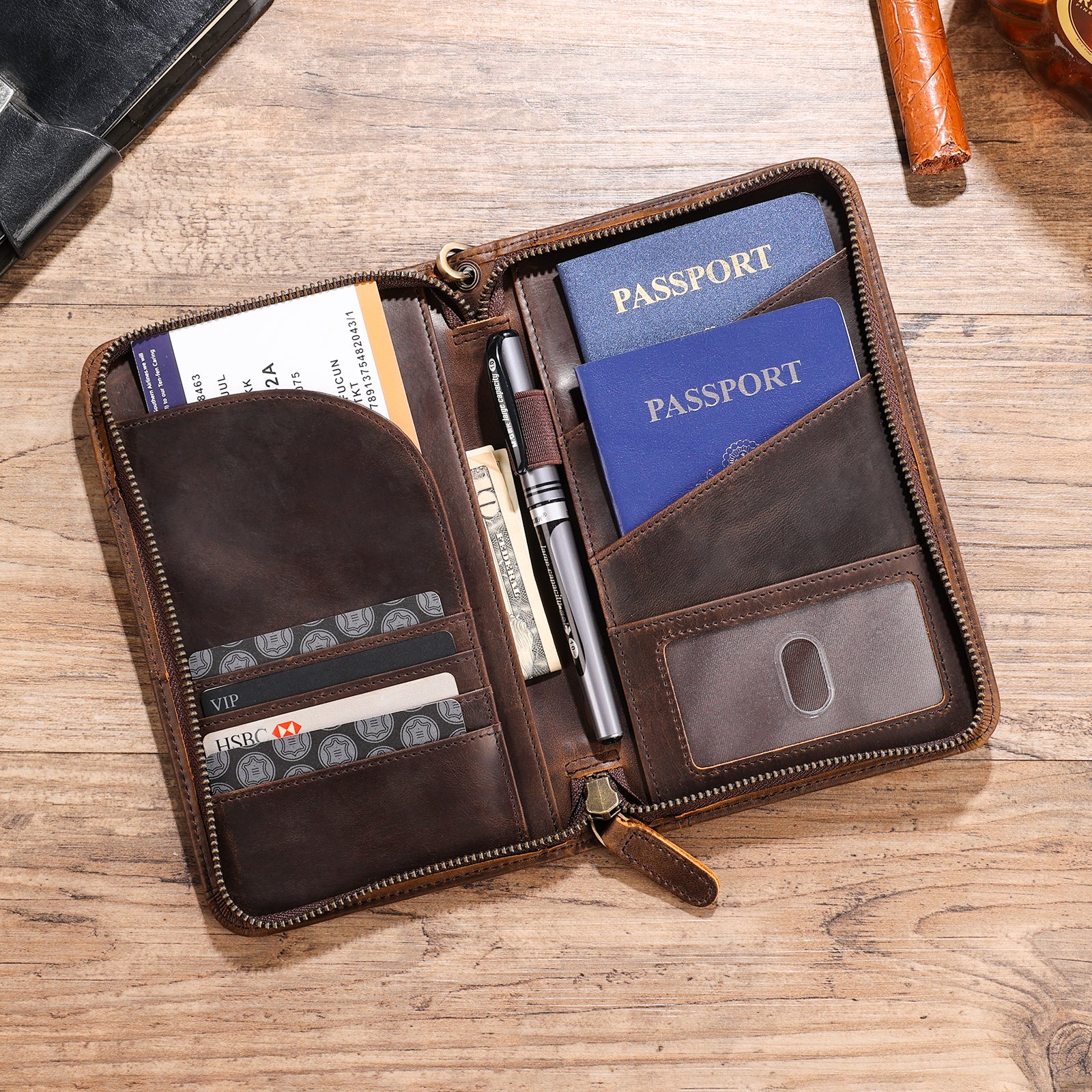 Polare Full Grain Leather Family Travel Passport Wallet and Documents  Organizer RFID Blocking Case Holder Fits 6 Passports, Dark Brown, Retro :  .in: Bags, Wallets and Luggage