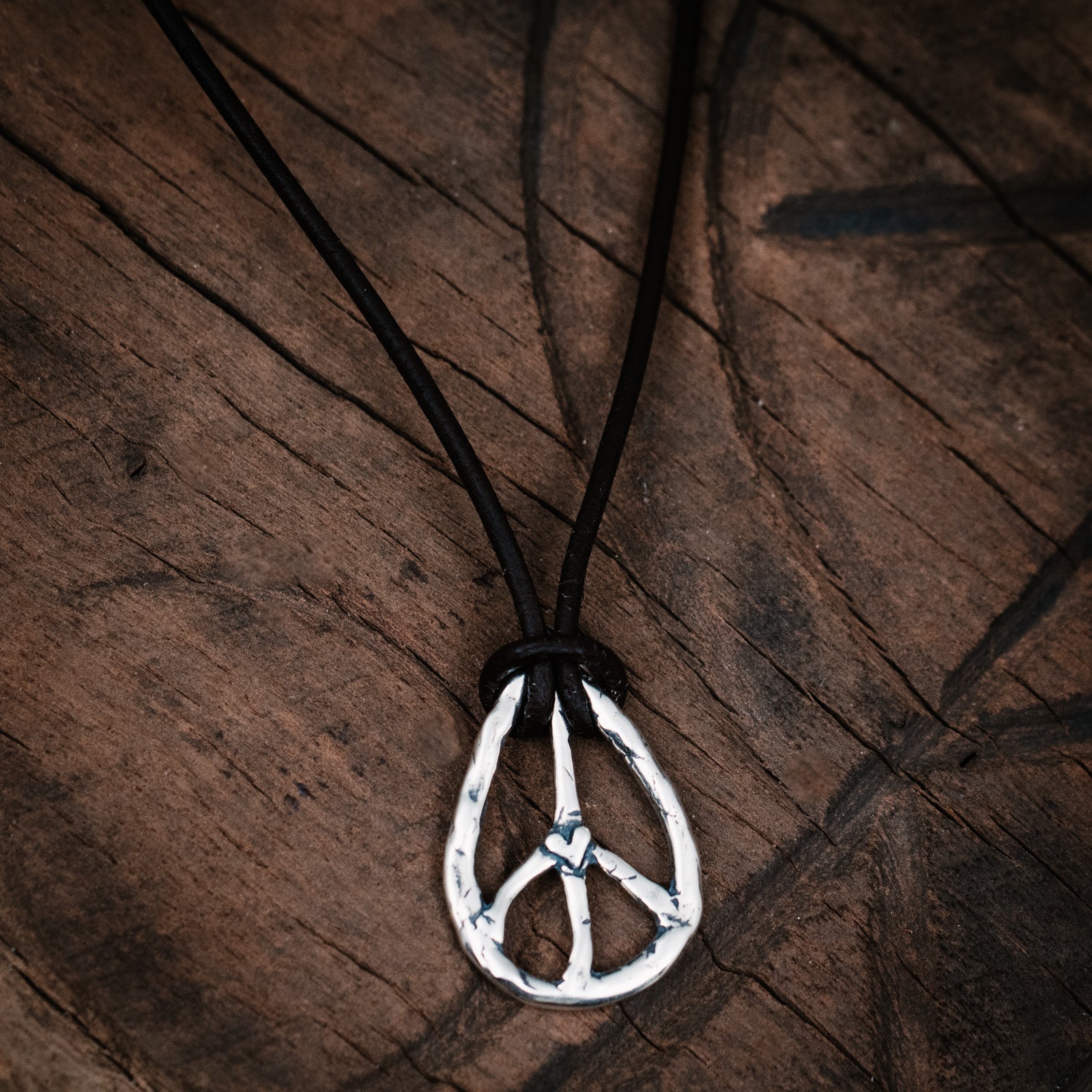 Black Leather Cord, Peace Sign and Earth Charm, Distressed Metal Necklace -  Spady Museum