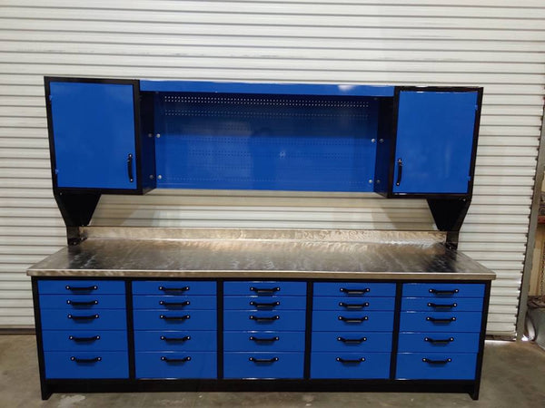 blue metal workbench with drawers