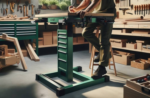 green adjustable workbench for woodworking