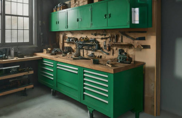 green heavy duty workbench with upper cabinets