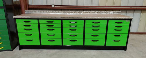 green workbench with sliding drawers