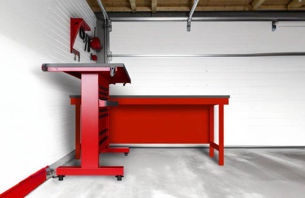 red adjustable workbench in garage workshop