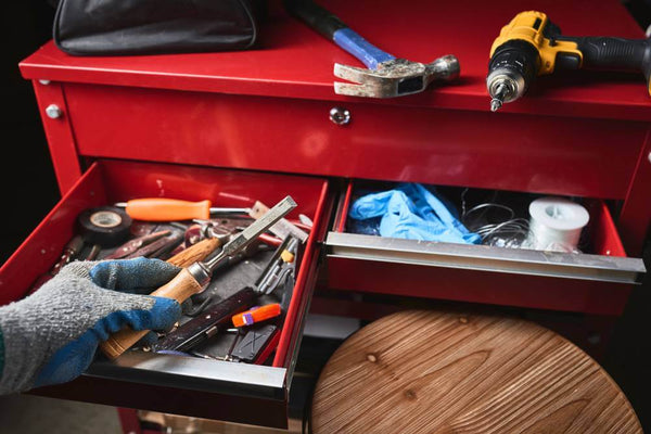 red workbench with sliding drawers