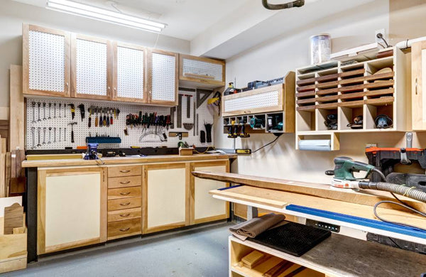 wooden garage cabinets installed on wall